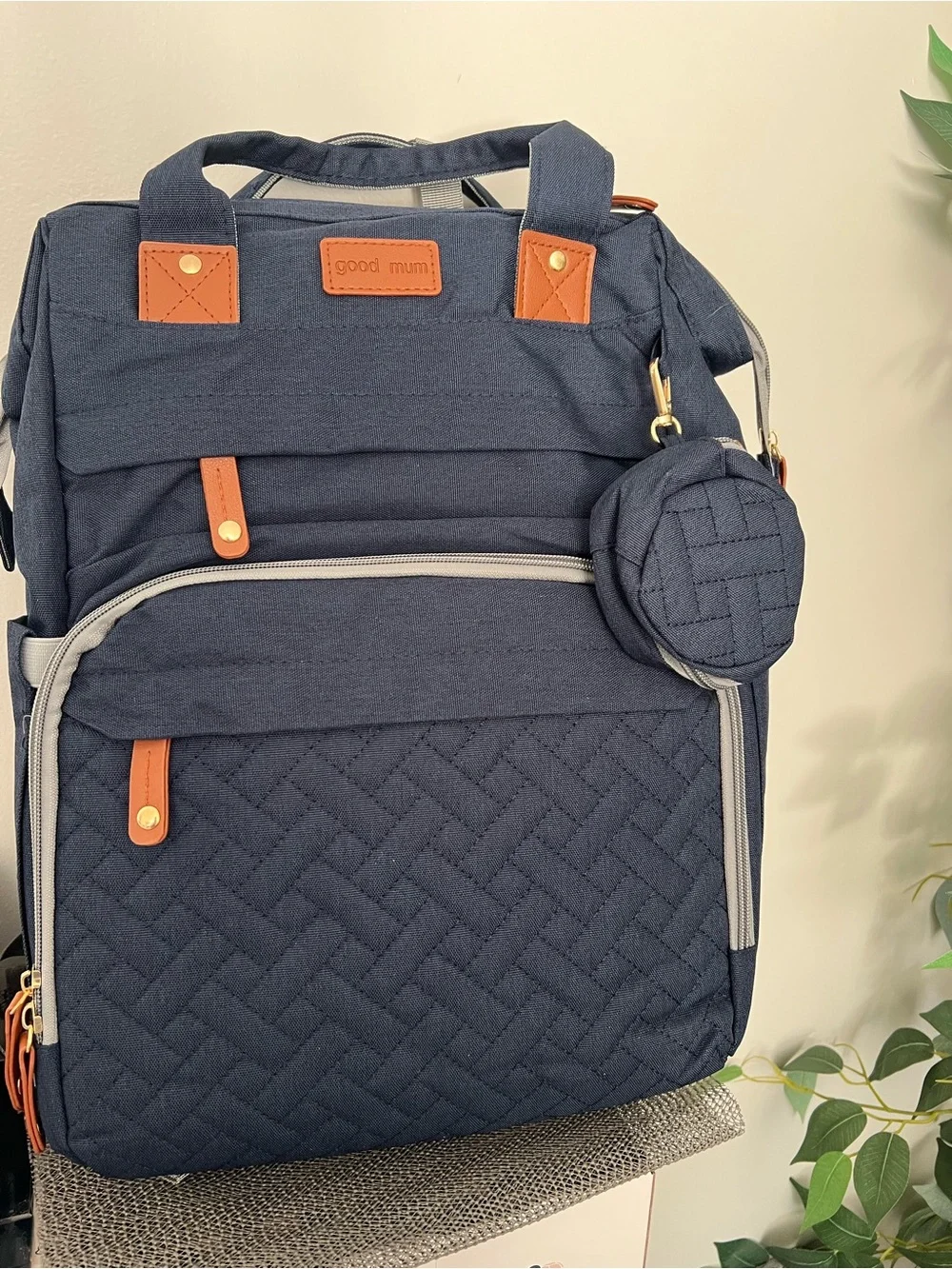 Quilted Navy Diaper Backpack with Brown Trim
